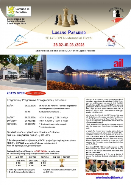 PARADISO 2DAYS OPEN Memorial Picchi 28.02-01.03 /2026 - Swiss CHess Tour