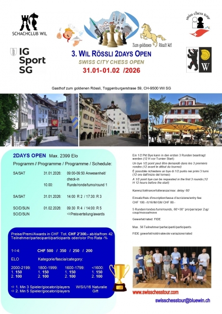3. WIL RÖSSLI 2DAYS OPEN, 31.01-01.02.2026 - Swiss CHess Tour