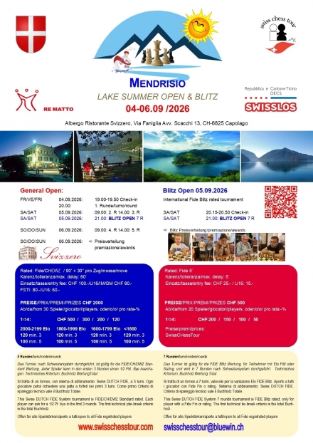 MENDRISIO OPEN, 04-06.09.2026 - Swiss CHess Tour